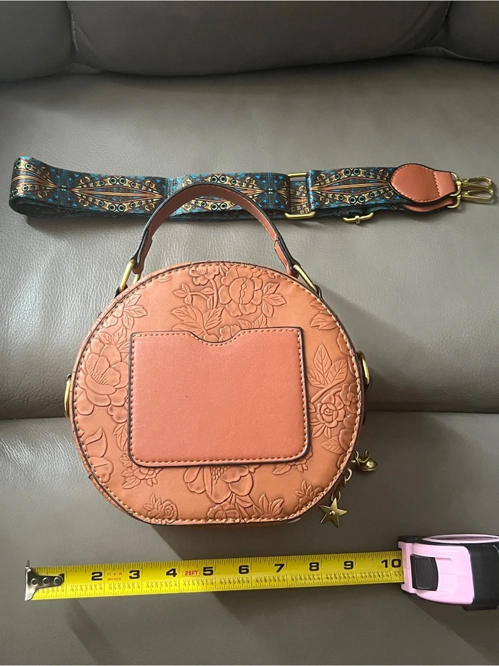 Source Unknown Embossed Floral Round Crossbody Bag in Brown